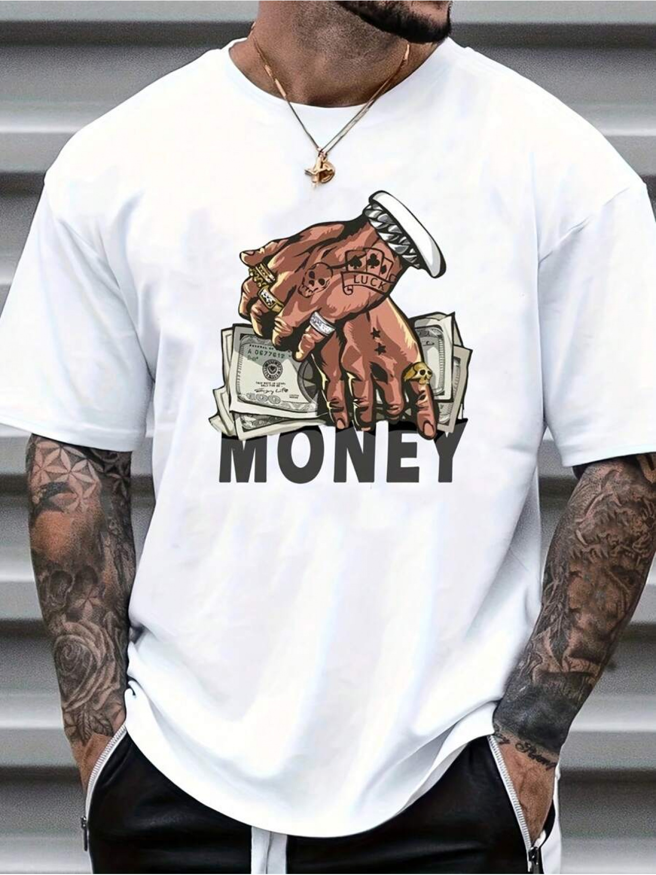 Men's Graphic T-Shirt Money Stacked Dollar Bills With Tattooed Hands Grabbing On Top
