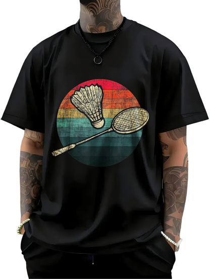 Men's Graphic T-Shirt Retro Sunburst Stripes With Badminton Racket And Shining Shuttlecock