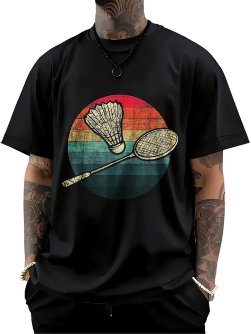 Men's Graphic T-Shirt Retro Sunburst Stripes With Badminton Racket And Shining Shuttlecock