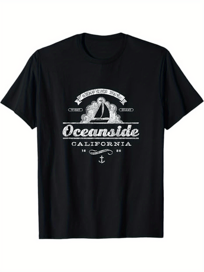 Men's Graphic T-Shirt Oceanside California With Old Style Lettering And Sailboat Under Sun