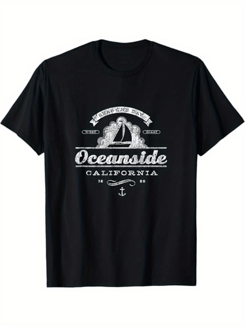 Men's Graphic T-Shirt Oceanside California With Old Style Lettering And Sailboat Under Sun
