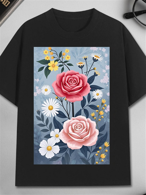 Men's Graphic T-Shirt Delicate Wild Daisies Among Soft Pink Blooming Roses