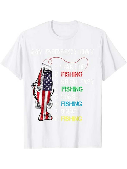 Men's Graphic T-Shirt Patriotic Fish With Colorful Repeated Fishing Text Under Fishing Hook