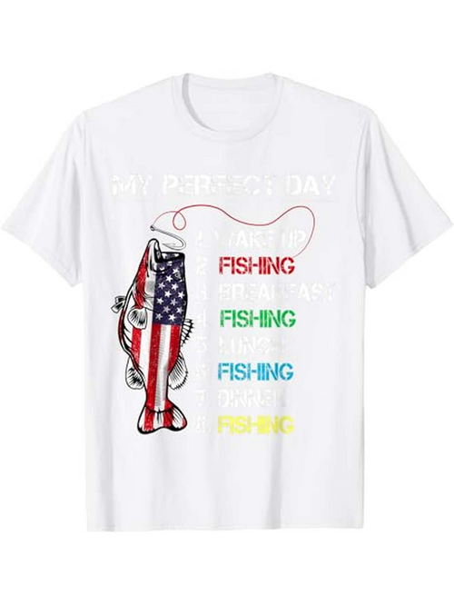 Men's Graphic T-Shirt Patriotic Fish With Colorful Repeated Fishing Text Under Fishing Hook