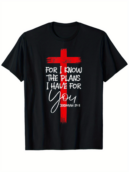 Men's Graphic T-Shirt Inspirational Faithful Red Christian Cross With Handwritten Scripture Text Design Cross