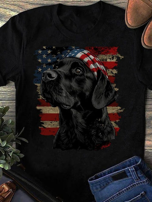 Women's Graphic T-Shirt Vintage Style American Flag With Black Labrador Dog Portrait