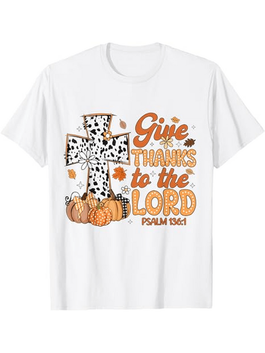 Men's Graphic T-Shirt Give Thanks To The Lord Surrounded By Pumpkins Autumn Leaves And Spotted Cross