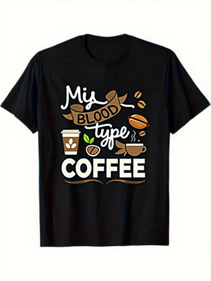 Men's Graphic T-Shirt My Blood Type Coffee With Steaming Mug Surrounded By Coffee Beans Cup