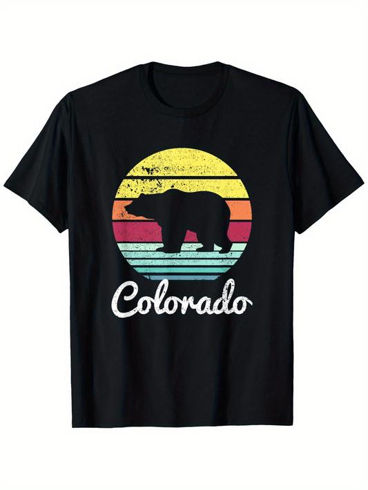 Men's Graphic T-Shirt Colorado Retro Sunset Silhouette With Striped Vintage Bear