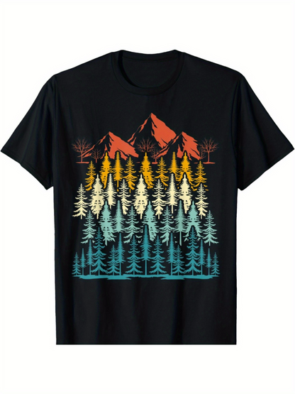 Men's Graphic T-Shirt Sunset Colored Forest With Vibrant Trees Beneath Majestic Snowy Mountains