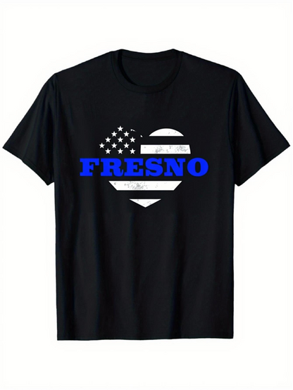Men's Graphic T-Shirt Fresno Blue Bold Letters Over Striped Heart American Flag