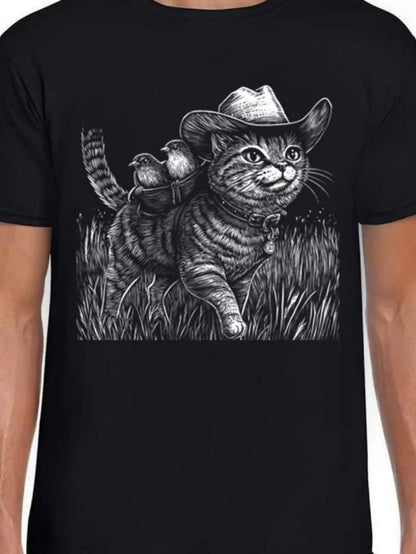 Men's Graphic T-Shirt Playful Cat Wearing Cowboy Hat With Birds And Grass