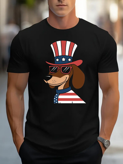 Men's Graphic T-Shirt Patriotic American Flag Top Hat Wearing Dachshund Dog