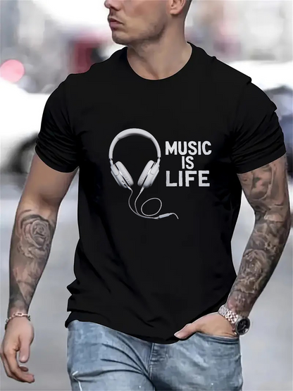 Men's Graphic T-Shirt Music Is Life Monochrome Headphones With Cable And Urban Style Graphic