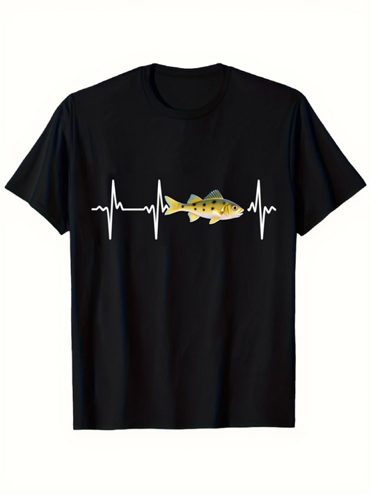 Men's Graphic T-Shirt Flowing Heartbeat Line With Golden Fish Swimming In The Center