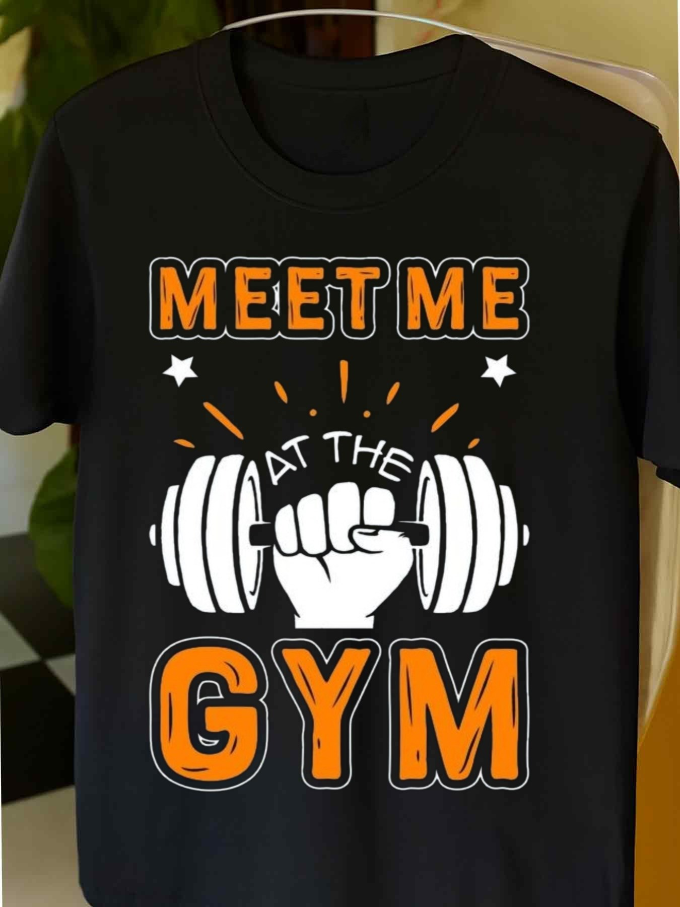 Men's Graphic T-Shirt Meet Me At The Gym With Decorative Stars And Powerful Hand Holding Dumbbell