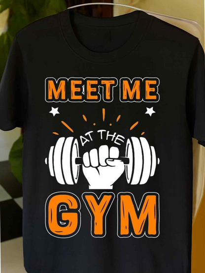 Men's Graphic T-Shirt Meet Me At The Gym With Decorative Stars And Powerful Hand Holding Dumbbell
