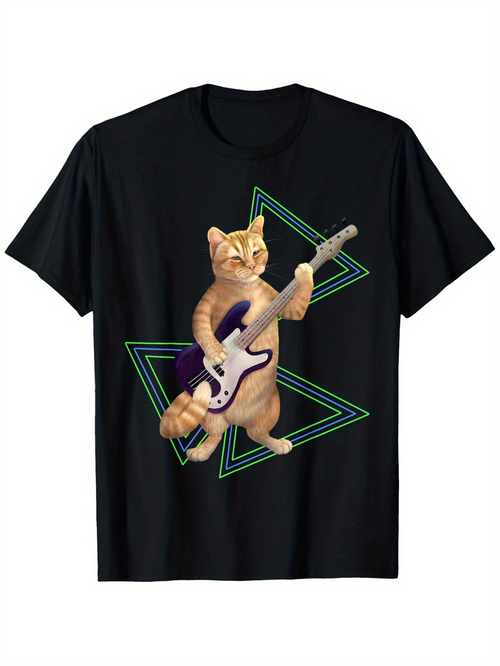Men's Graphic T-Shirt Triangular Neon Lights With Playful Cat Strumming Electric Guitar