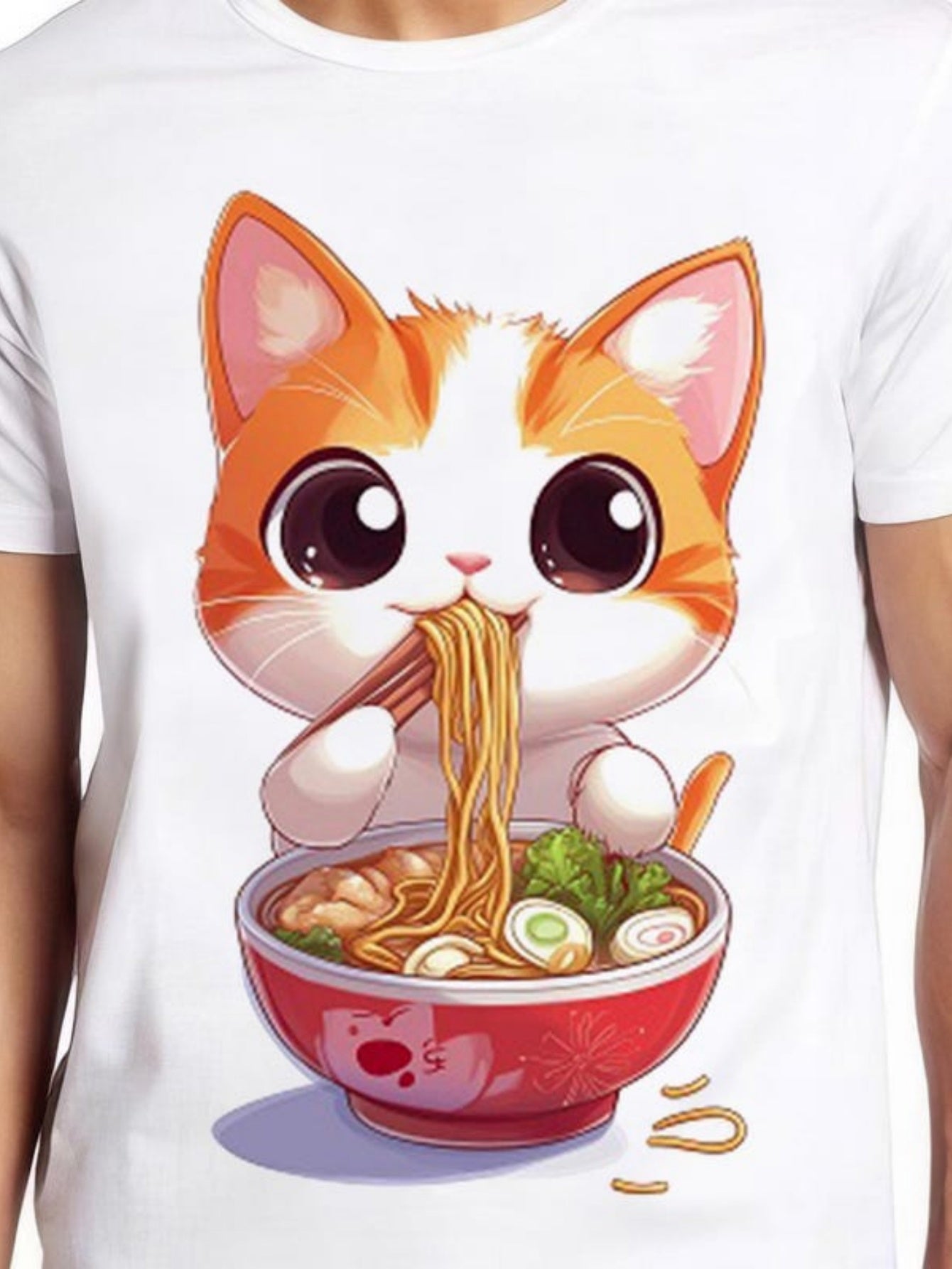 Men's Graphic T-Shirt Adorable Furry Kitten With Bright Eyes Slurping Noodles From Ramen Bowl Cat