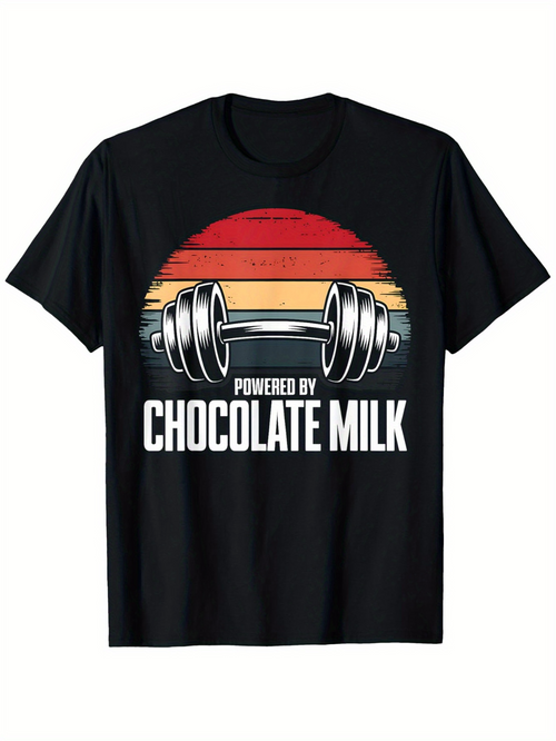 Men's Graphic T-Shirt Powered By Chocolate Milk Bold Sunset With Barbell Weightlifting