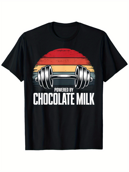 Men's Graphic T-Shirt Powered By Chocolate Milk Bold Sunset With Barbell Weightlifting