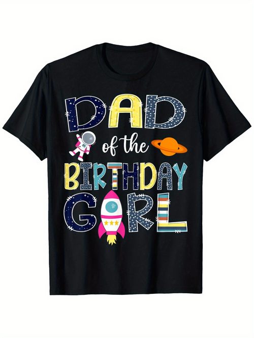 Men's Graphic T-Shirt Dad Of The Birthday Girl With Colorful Space Rocket Design