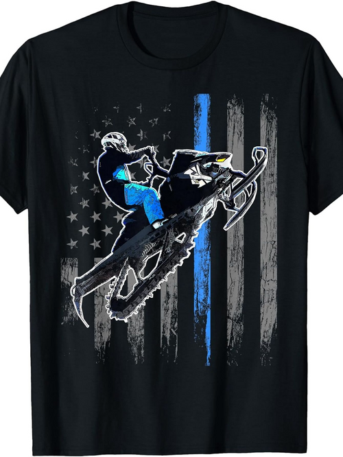 Men's Graphic T-Shirt Speeding Over Grunge Flag With Blue Stripe Snowmobile