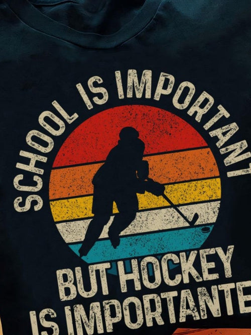Men's Graphic T-Shirt School Is Important Retro Sunset Colors With Hockey Player Silhouette Design