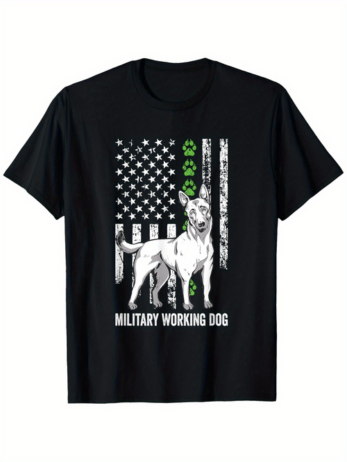 Men's Graphic T-Shirt American Flag With Green Paw Prints Featuring Alert Military Working Dog