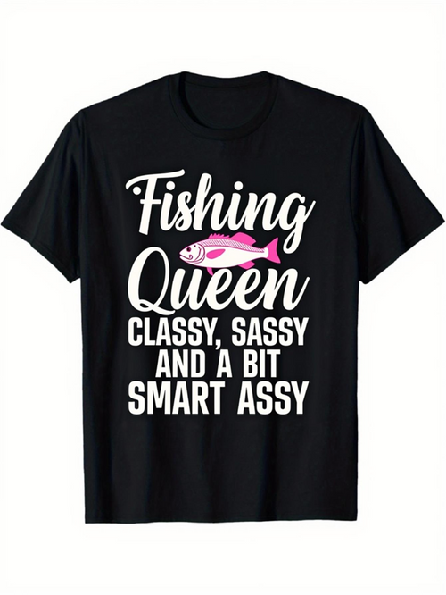 Men's Graphic T-Shirt Fishing Queen Classy Sassy With Pink Fish And Bold Lettering Design