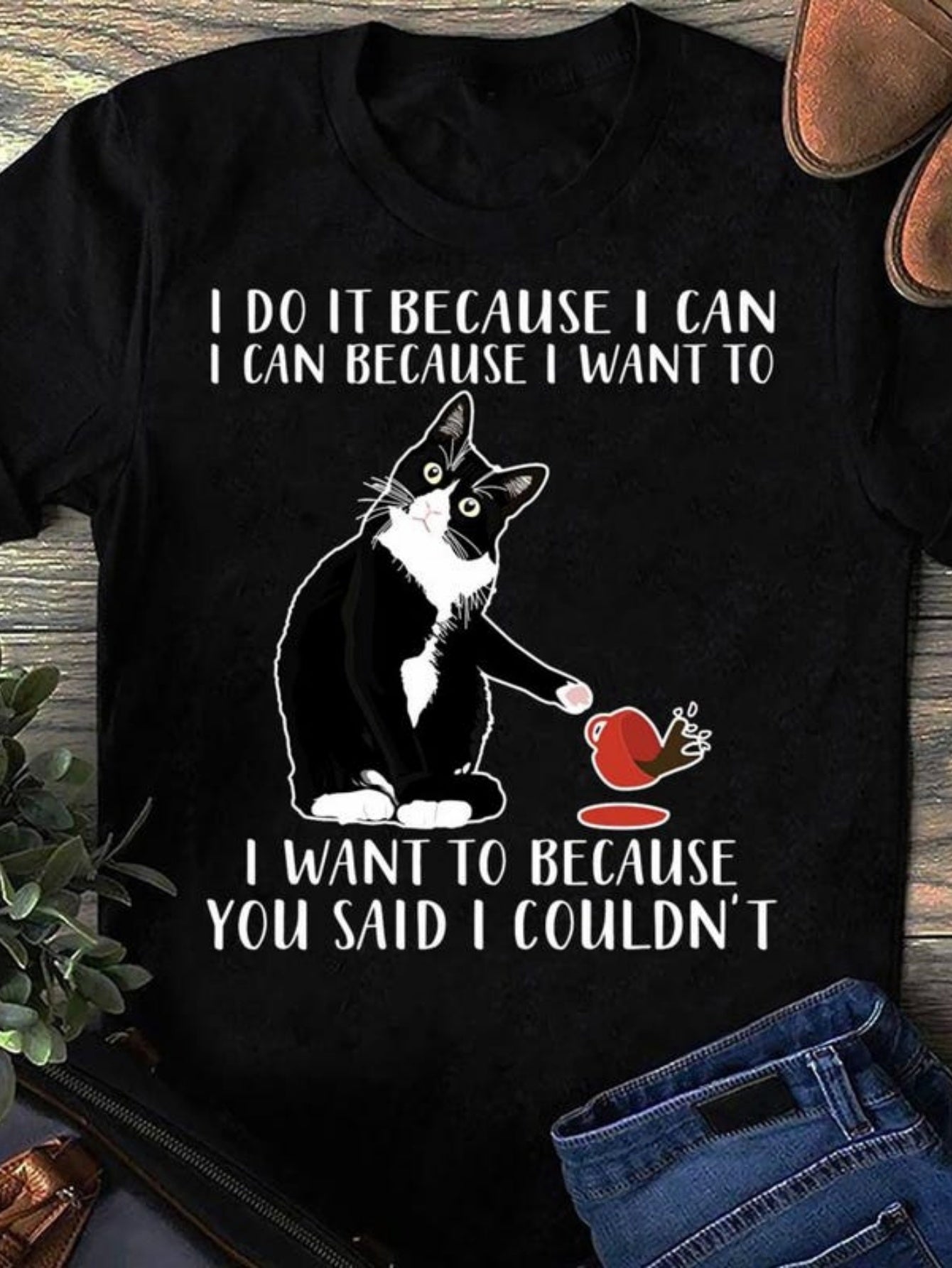 Men's Graphic T-Shirt Playful Cat With A Broken Flowerpot Scattered On Floor