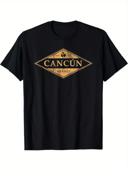 Men's Graphic T-Shirt Cancun Mexico Retro Gold Geometric Print With Diamond Frame