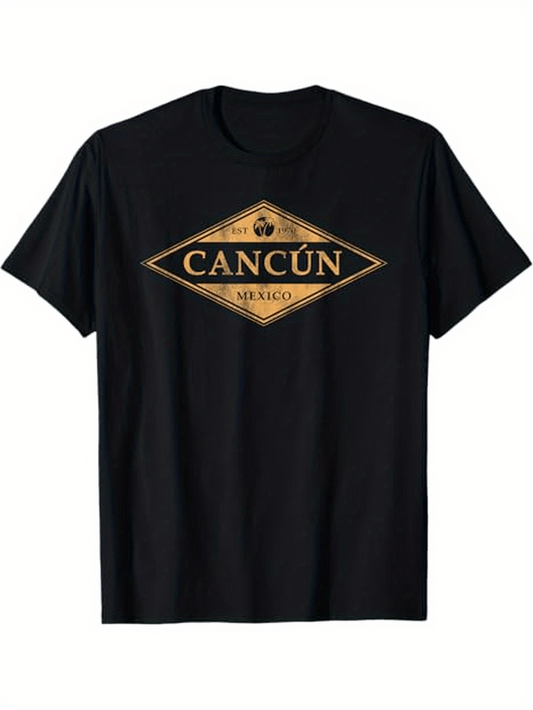 Men's Graphic T-Shirt Cancun Mexico Retro Gold Geometric Print With Diamond Frame