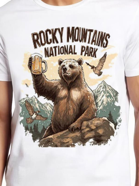 Men's Graphic T-Shirt Rocky Mountains National Park Grizzly Bear Holding Beer Mug With Mountain Eagles