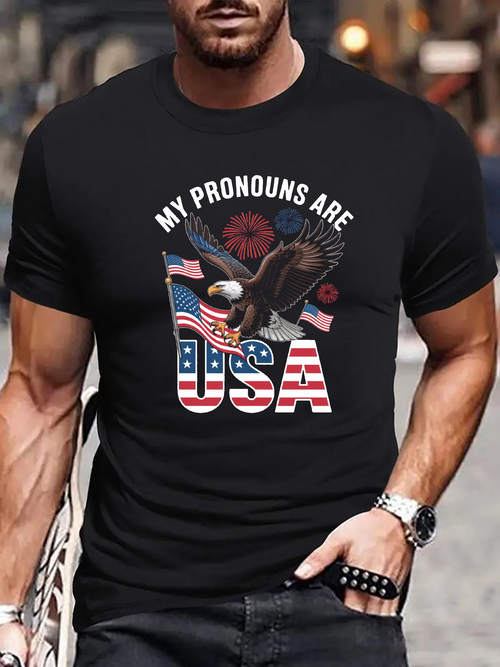 Men's Graphic T-Shirt My Pronouns Are USA Soaring Bald Eagle With American Flag Feathers And Fireworks