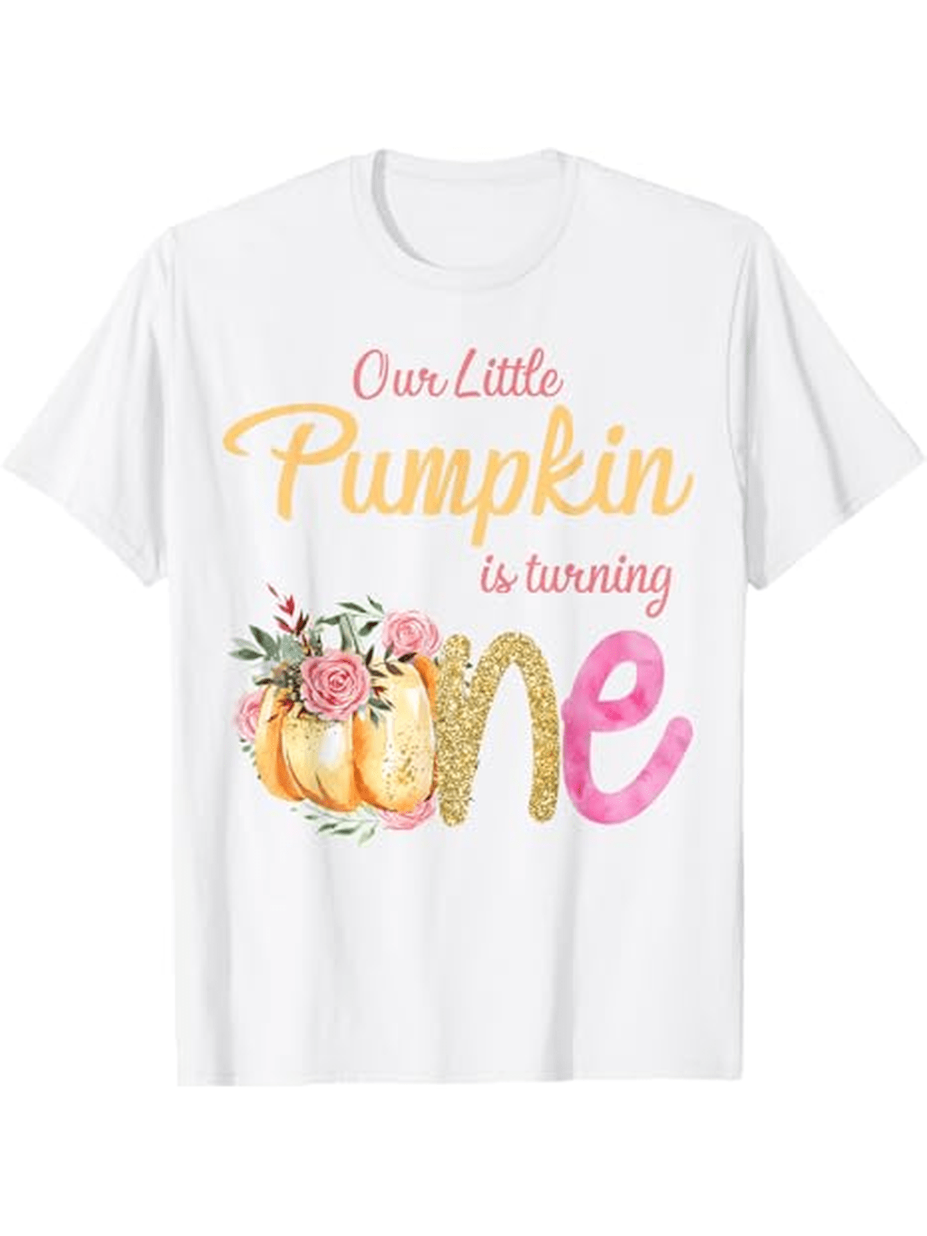 Men's Graphic T-Shirt Our Little Pumpkin Is Turning One Surrounded By Autumn Flowers With Sparkling Decorative Pumpkins
