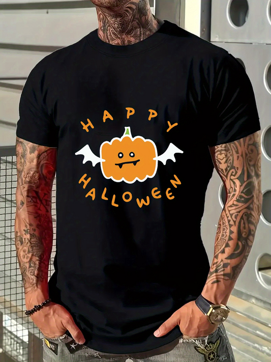 Men's Graphic T-Shirt Happy Halloween Cartoon Pumpkin With Bat Wings Surrounded By Playful Letters Pumpkin