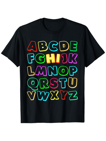 Men's Graphic T-Shirt Bright Colorful Letters Arranged Across Black Short Sleeve Tshirt Alphabet