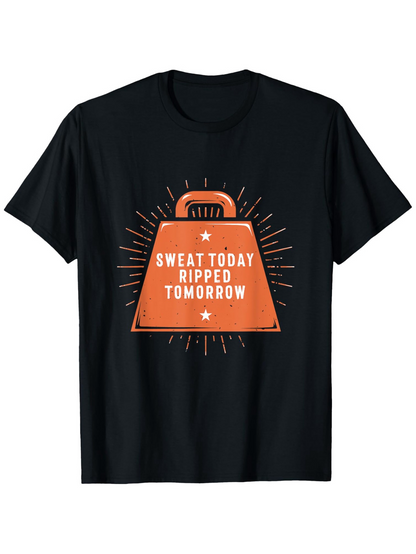 Men's Graphic T-Shirt Sweat Today Ripped Tomorrow With Orange Kettlebell Graphic Surrounded By Sunburst Lines