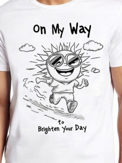 Men's Graphic T-Shirt On My Way To Brighten Your Day Playful Cartoon Sun With Sunglasses Running Amid Clouds