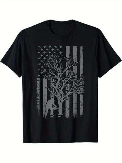 Men's Graphic T-Shirt Patriotic Silhouette With Bare Tree And Worker Under Flag