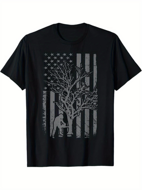 Men's Graphic T-Shirt Patriotic Silhouette With Bare Tree And Worker Under Flag