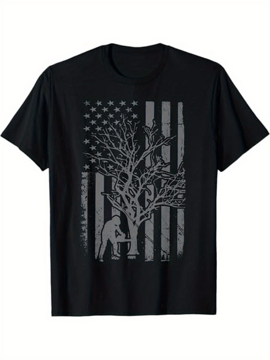 Men's Graphic T-Shirt Patriotic Silhouette With Bare Tree And Worker Under Flag