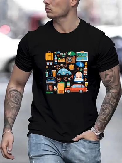 Men's Graphic T-Shirt Vintage Travel Icons With Summer Sun Road Signs Retro Bus And Adventure Car