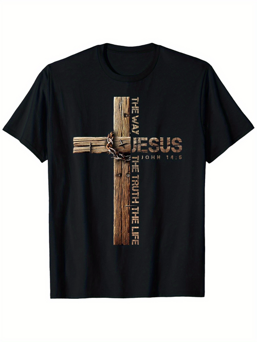 Men's Graphic T-Shirt Jesus The Way The Truth The Life Wooden Cross