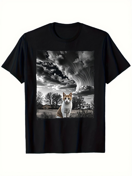 Men's Graphic T-Shirt Dramatic Stormy Sky With Lonely Cat In Winter Landscape