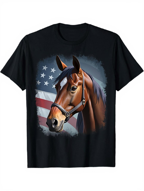 Men's Graphic T-Shirt Majestic Brown Horse With Flowing Mane In Front Of American Flag