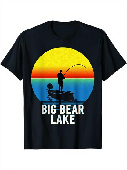 Men's Graphic T-Shirt Big Bear Lake Vibrant Sunset With Fishing Silhouette Reflected On Water Boat