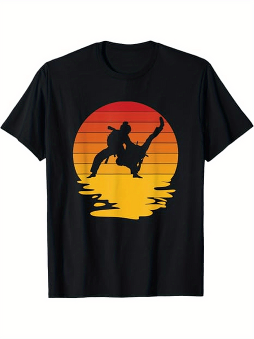Men's Graphic T-Shirt Karate Silhouette Reflected On Calm Sunset Water Scene
