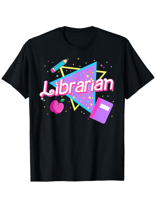 Men's Graphic T-Shirt Librarian Vibrant Geometric Shapes With Pencil Notebook And Apple Motif